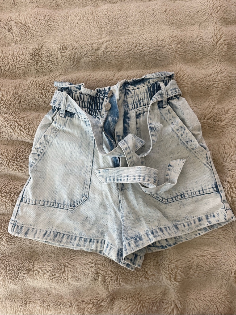 Light Wash Paperbag Denim Shorts with Tie Waist